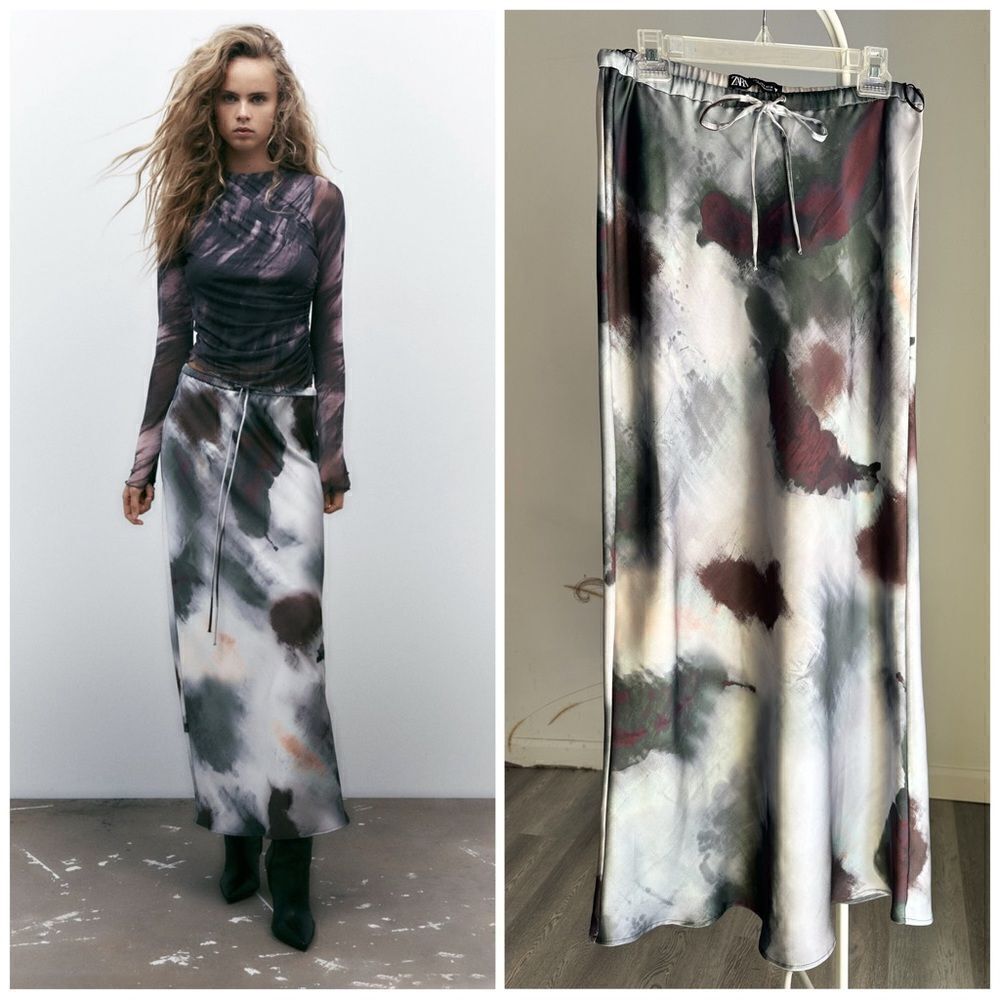 Zara Satin Effect Printed Skirt New